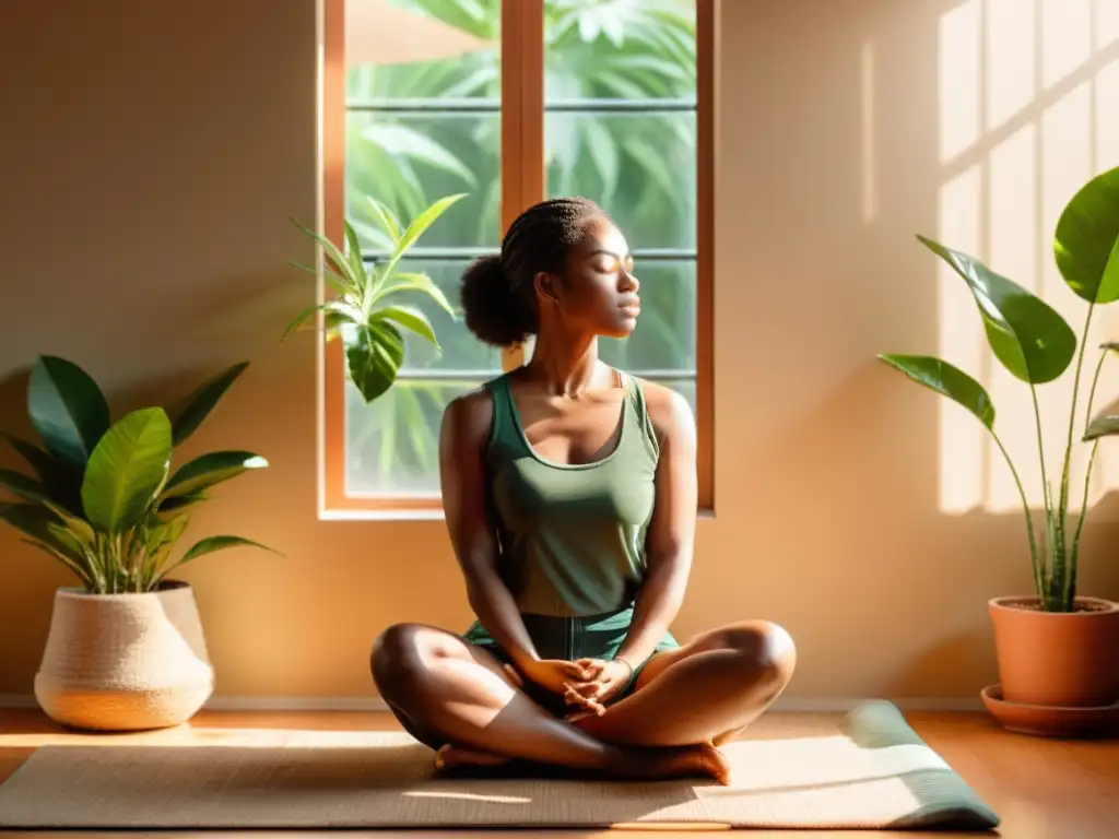 Persona en meditación, bañada por luz solar