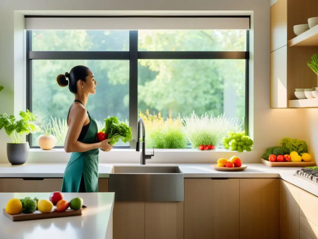 Persona disfrutando de los beneficios de sincronizar respiración y nutrición en una cocina serena y moderna con vistas a un exuberante jardín