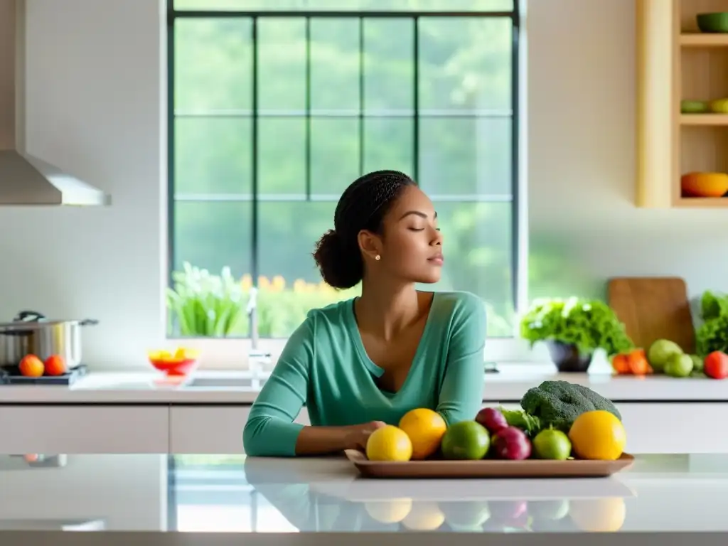 Persona disfrutando de los beneficios de sincronizar respiración y nutrición en una cocina luminosa con frutas y verduras frescas