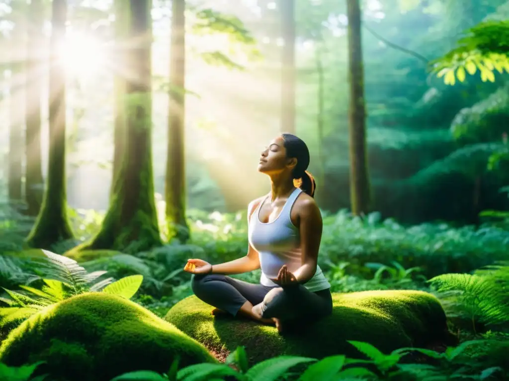 Persona meditando en el bosque, practicando estrategias de respiración para cambio climático