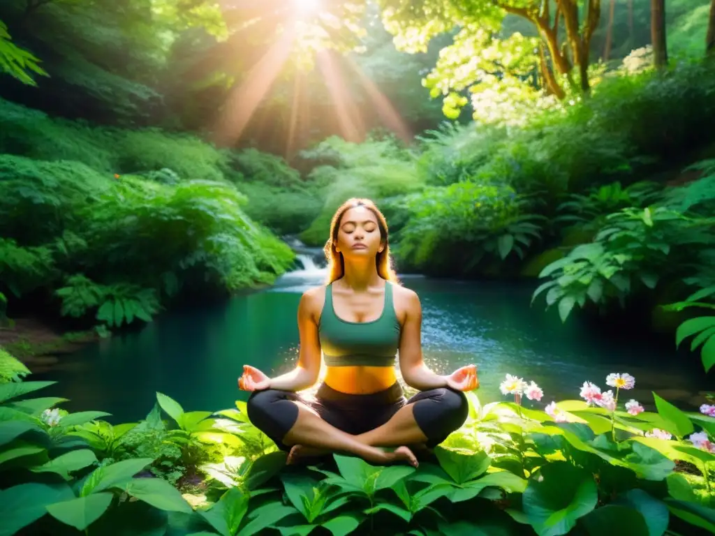 Persona meditando en un bosque exuberante con flores vibrantes y arroyo