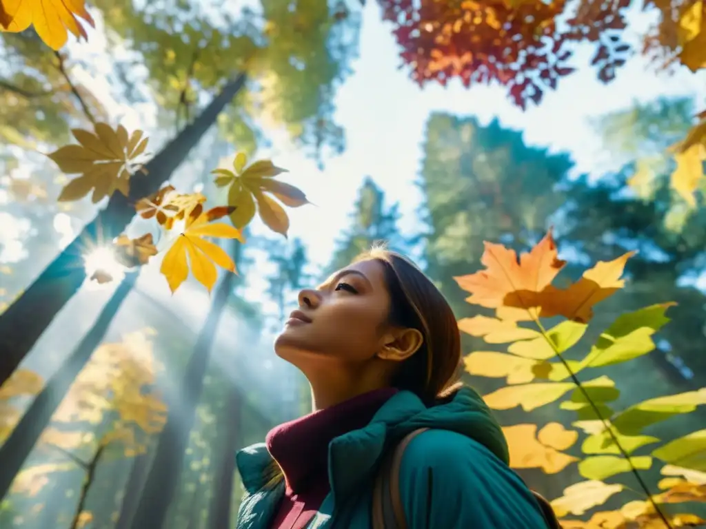 Persona respirando profundamente en un bosque otoñal, capturando los efectos estacionales en la respiración con hojas de colores cayendo alrededor