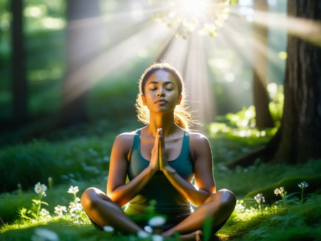 Persona meditando en un bosque, practicando respiración profunda