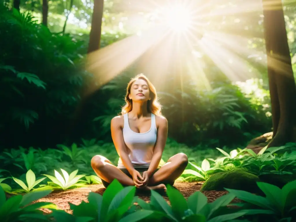 Persona meditando en un bosque sereno, con luz solar filtrándose entre las hojas