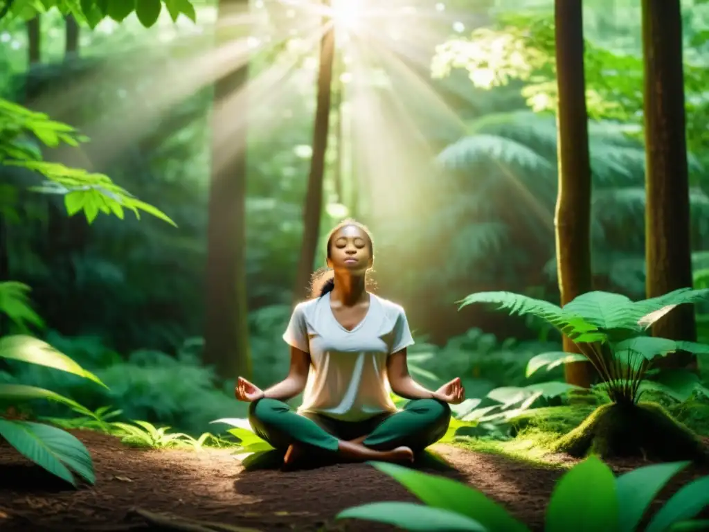 Persona meditando en un bosque tranquilo, potenciando práctica meditación respiración en conexión con la naturaleza