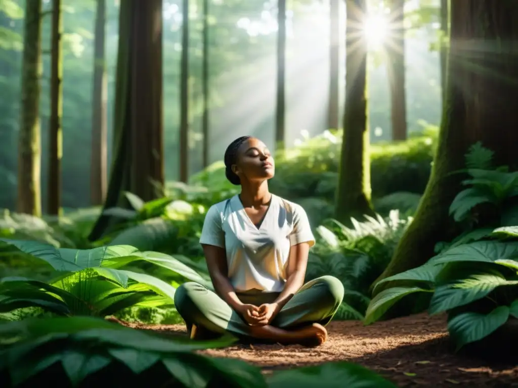 Persona meditando en un bosque verde exuberante, transmitiendo calma y paz