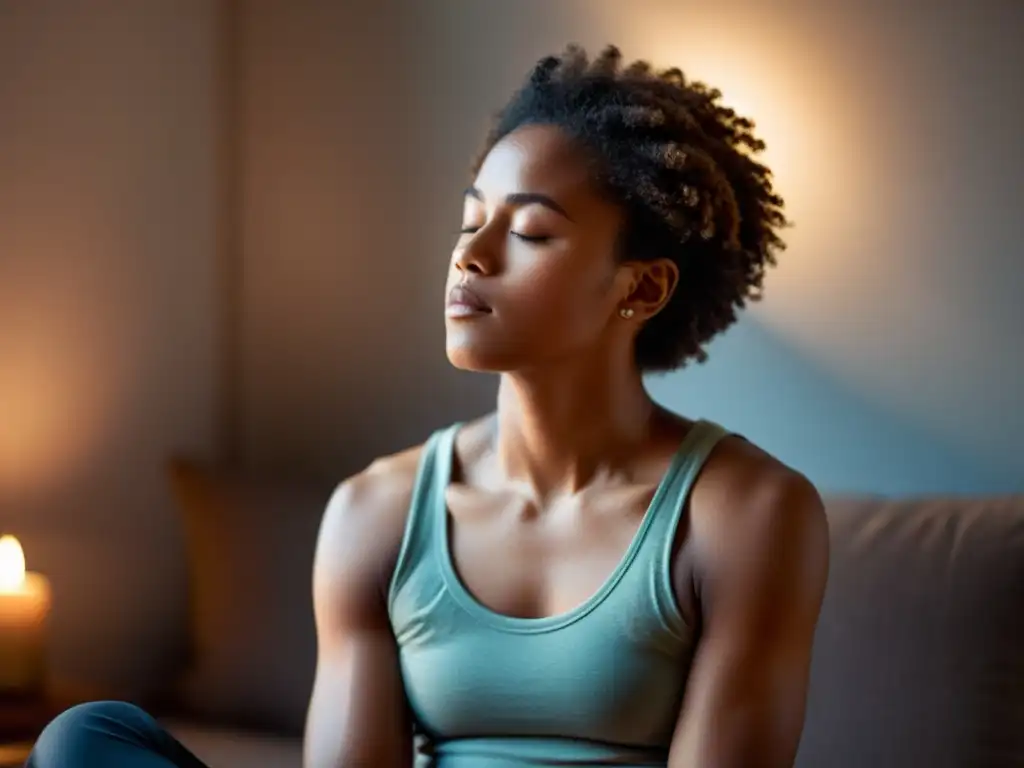 Persona en meditación, respirando profundamente, mostrando calma