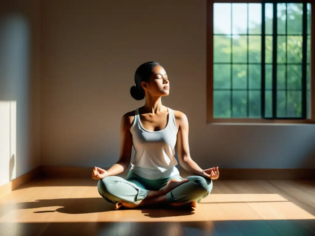 Persona meditando en calma, bañada por luz natural, respiración en Budismo Zen