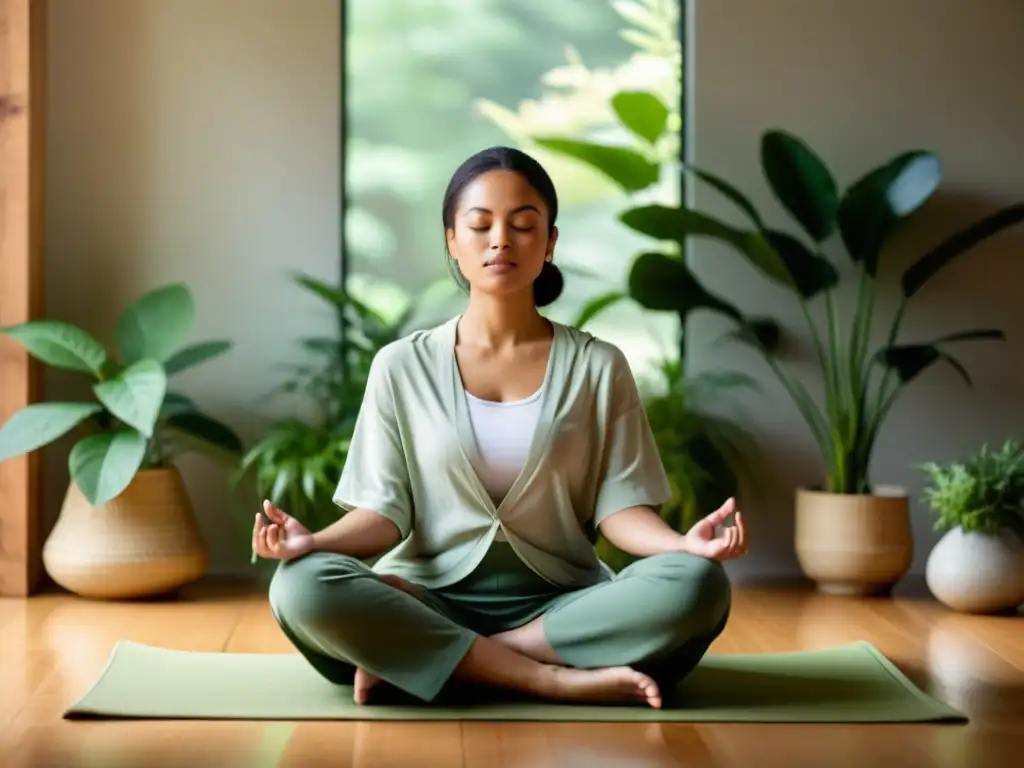 Persona meditando en calma, sincronizando respiración con mantras, rodeada de luz suave y naturaleza, en una atmósfera serena