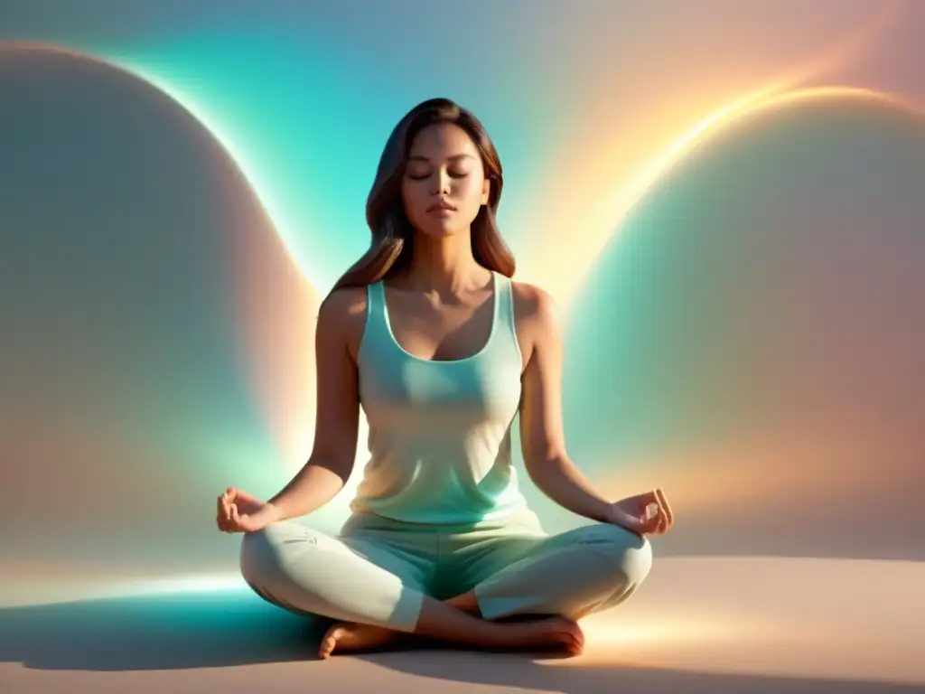 Persona meditando en calma, con respiración diafragmática y suave resplandor etéreo