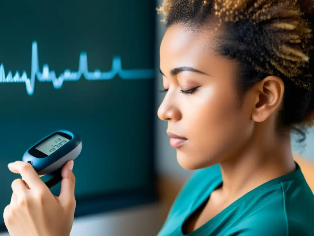 Persona en calma practicando respiración profunda mientras monitorea presión arterial en entorno sereno y bien iluminado