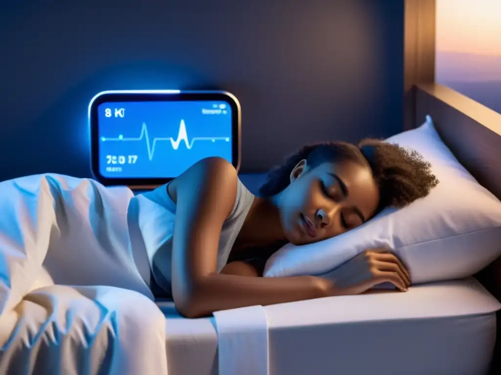 Una persona duerme pacíficamente en una cama, conectada a un dispositivo de monitoreo del sueño digital