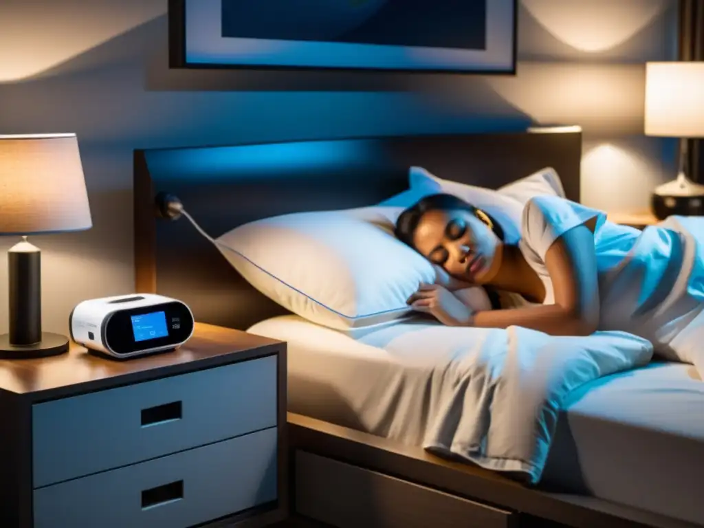 Una persona duerme plácidamente en la cama con una máquina CPAP emitiendo aire constante