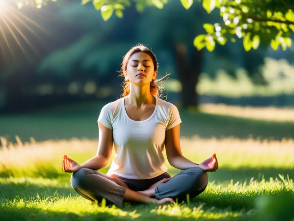 Persona meditando en campo soleado, practicando respiración holotrópica para sanación emocional en ambiente natural sereno