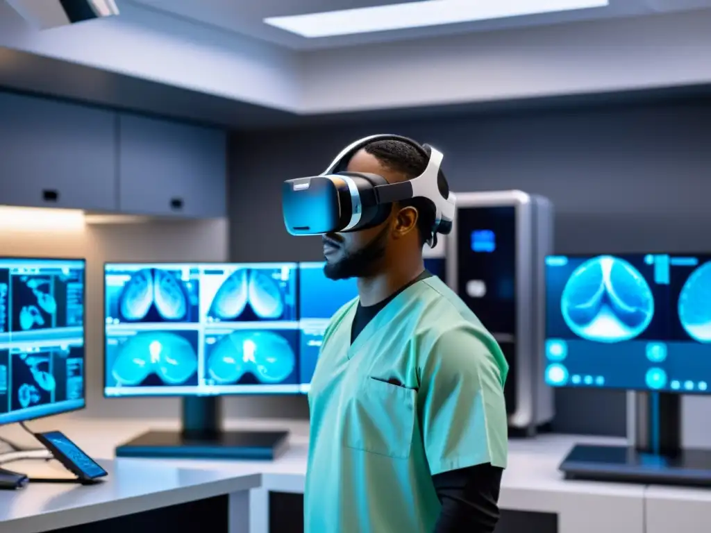 Persona usando casco de realidad virtual en laboratorio clínico con equipos de diagnóstico respiratorio de alta tecnología