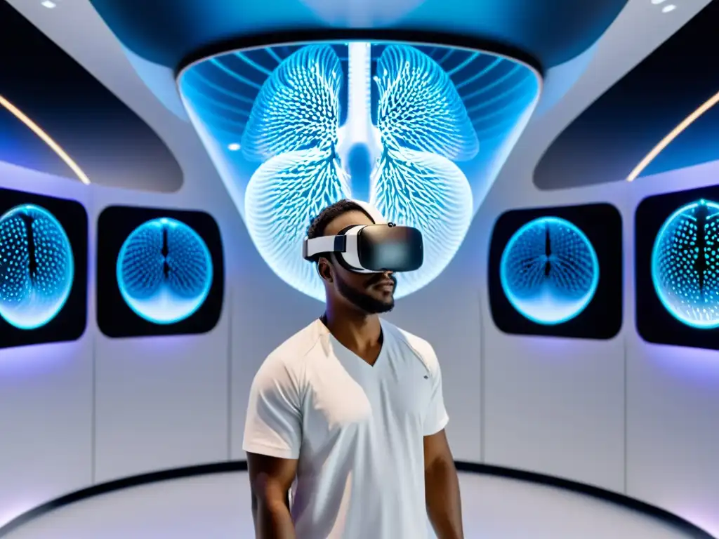 Persona con casco de realidad virtual, rodeada de pantallas con datos de función pulmonar