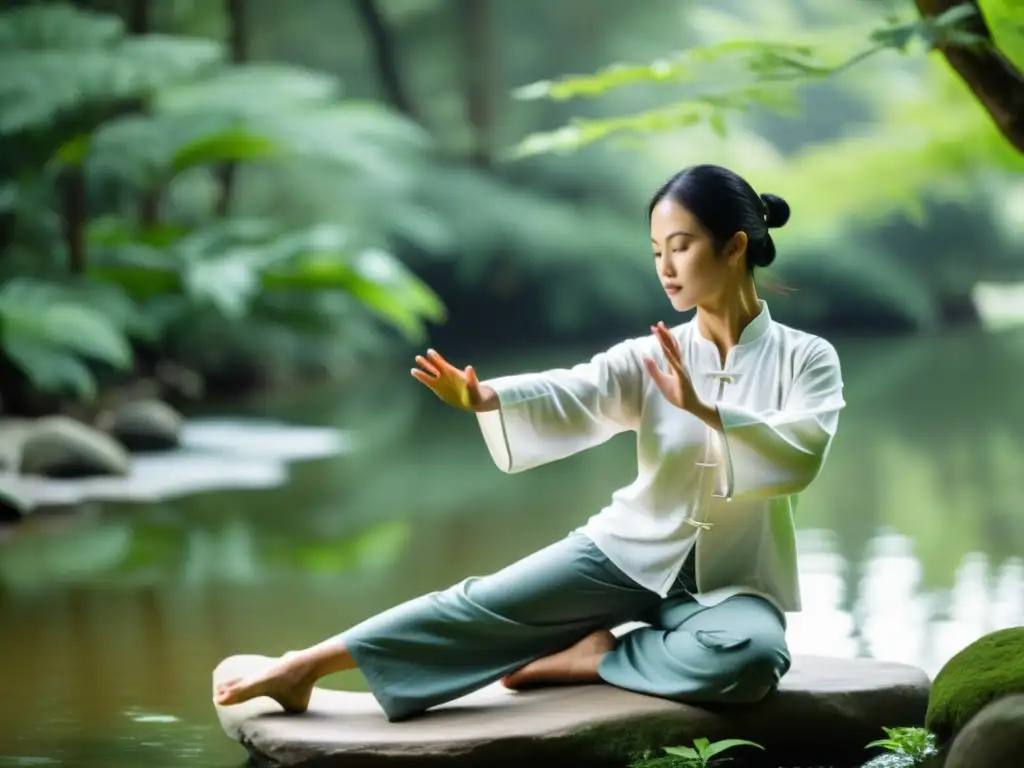 Persona practicando Tai Chi Chuan, en armonía con la naturaleza, reflejando la integración del Chi en Tai Chi Chuan