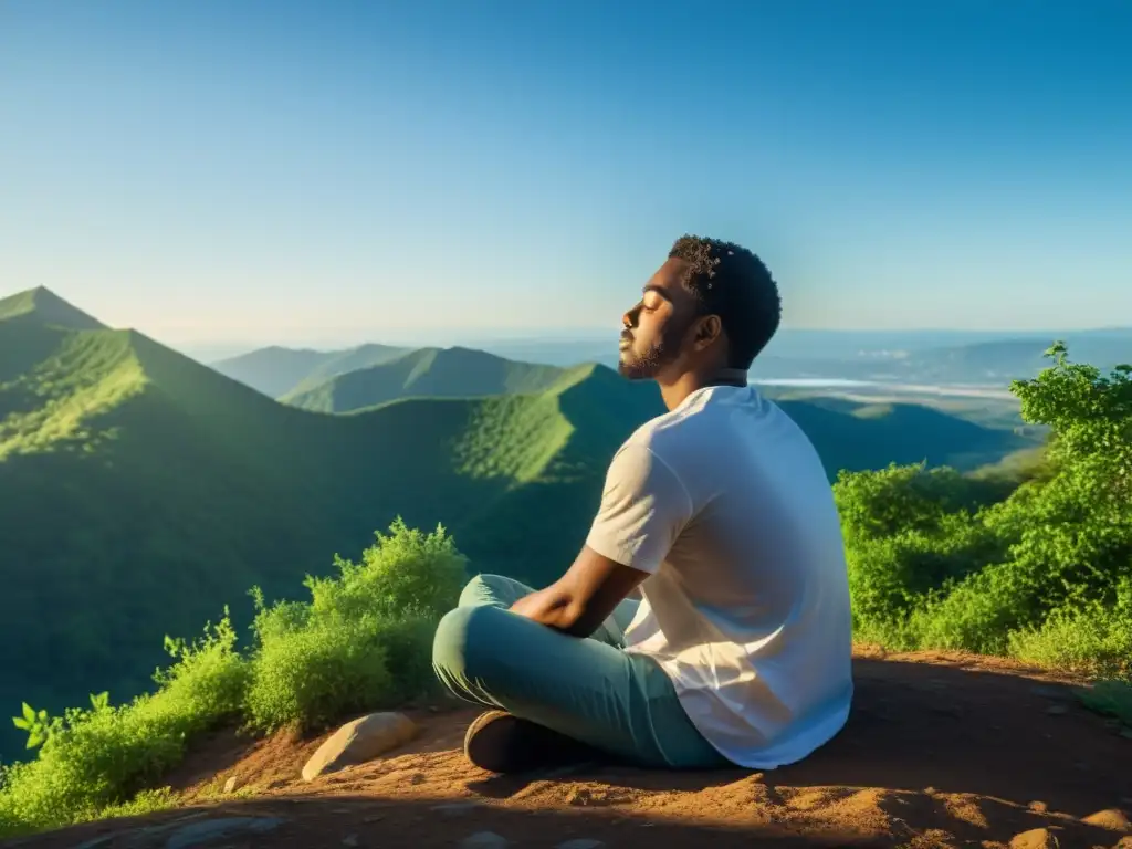 Persona practicando ciencia de la respiración consciente para reducir la ansiedad en la cima de la montaña, rodeada de naturaleza serena y cielo azul