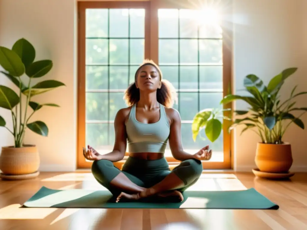 Persona practicando ciencia de la respiración consciente para reducir la ansiedad en una habitación luminosa y serena con plantas y tonos terrosos