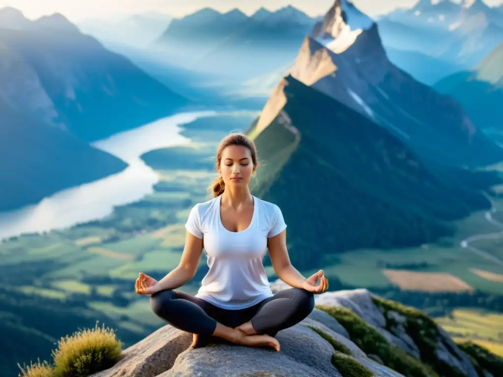 Una persona practica yoga en una cima de montaña, respirando aire puro y disfrutando de la tranquilidad y bienestar