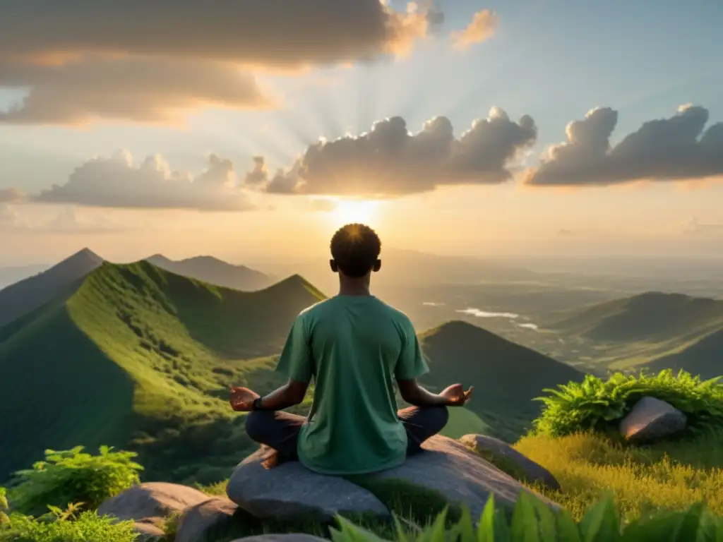 Persona meditando en la cima de la montaña al atardecer, potenciando práctica de meditación y respiración en conexión con la naturaleza