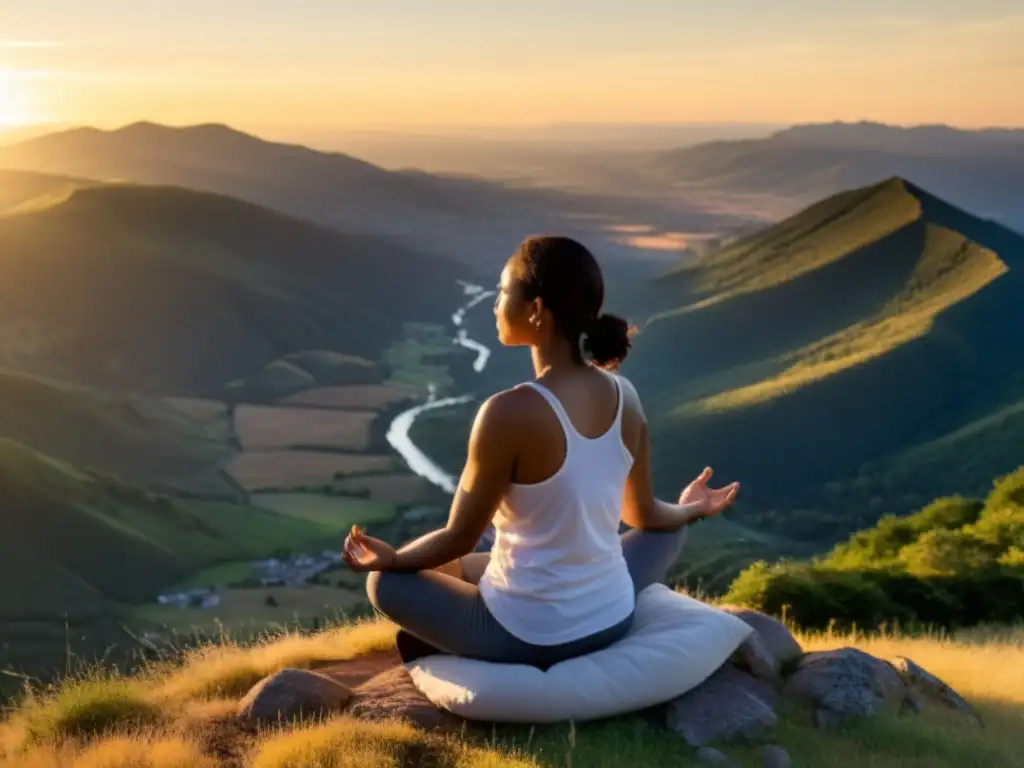 Persona meditando en la cima de la montaña al atardecer, practicando respiración diafragmática