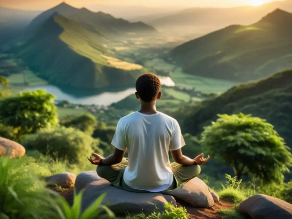 Persona meditando en la cima de la montaña al atardecer, rodeada de naturaleza exuberante