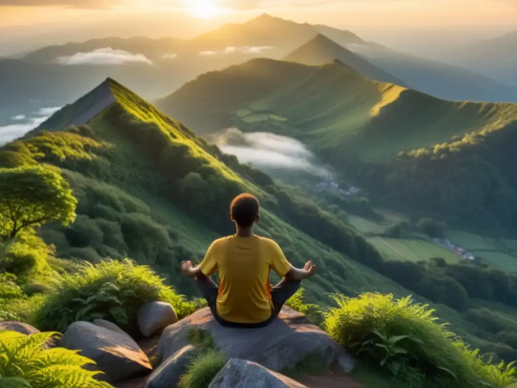 Persona meditando en la cima de la montaña al atardecer, rodeada de naturaleza exuberante