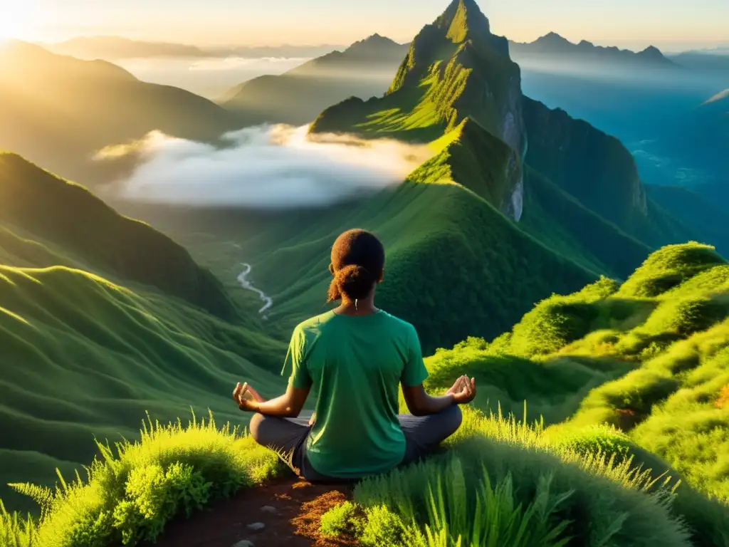 Persona meditando en la cima de la montaña, bañada por la luz del amanecer