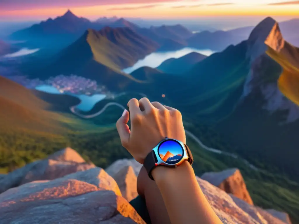 Persona meditando en la cima de la montaña con entrenador de respiración para meditación