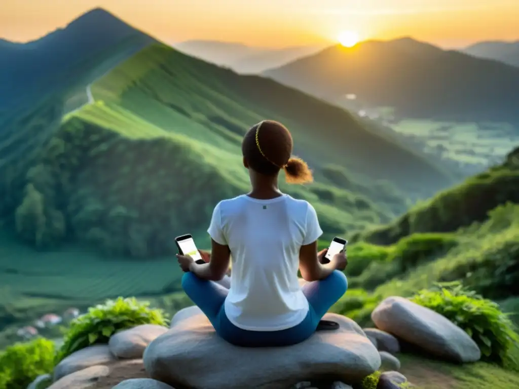 Persona en la cima de la montaña usando una app de respiración, fusionando tecnología con naturaleza