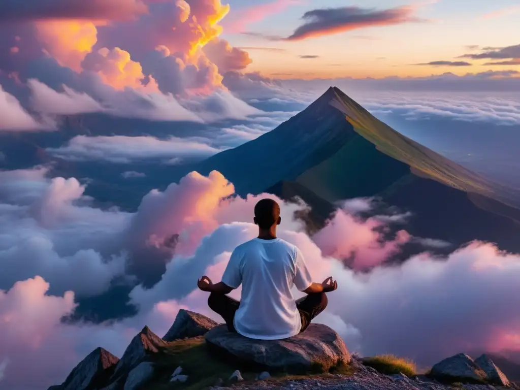 Persona meditando en la cima de una montaña al atardecer, rodeada de nubes