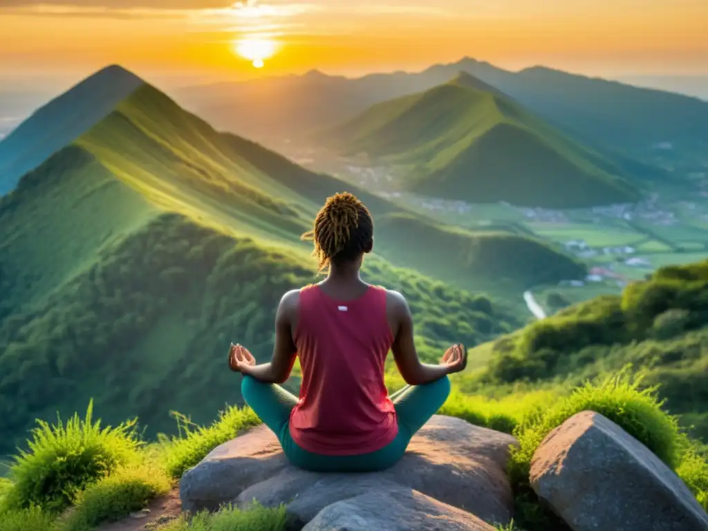 Una persona medita en la cima de una montaña al atardecer, rodeada de naturaleza exuberante