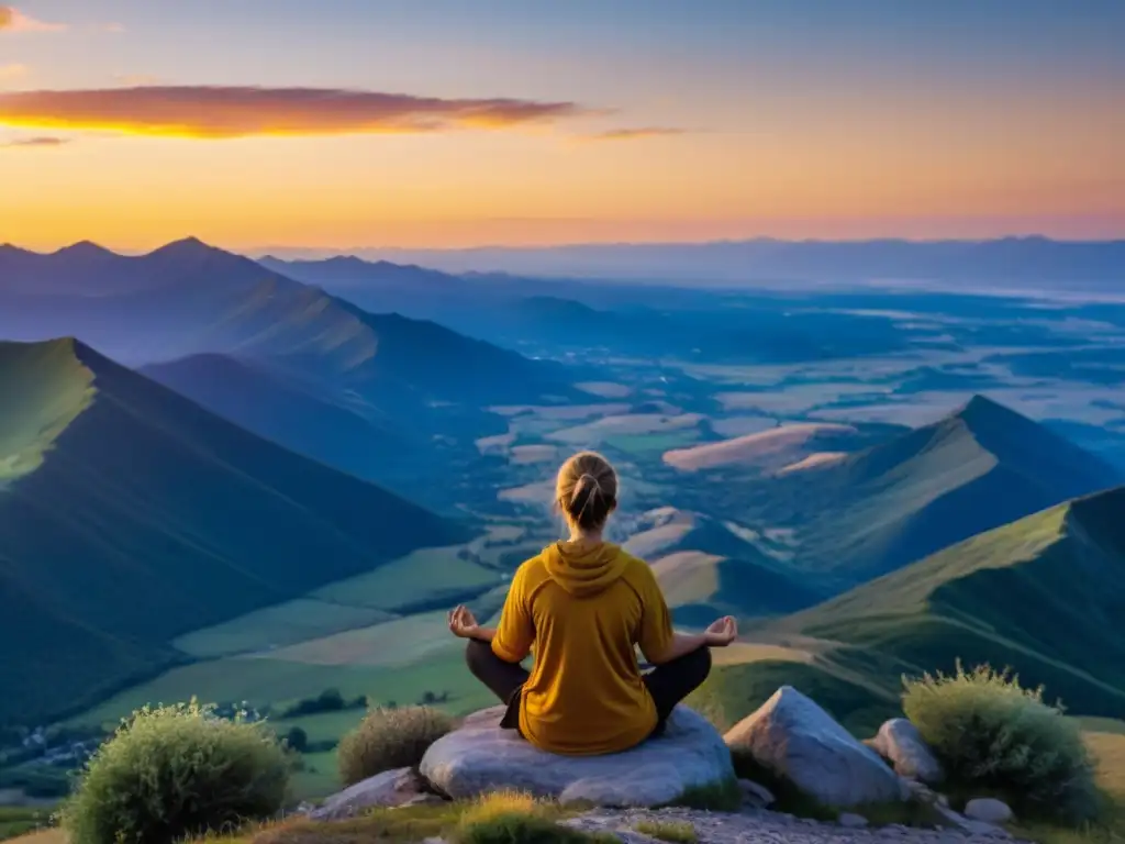 Persona meditando en la cima de una montaña al atardecer, transmitiendo paz y plenitud