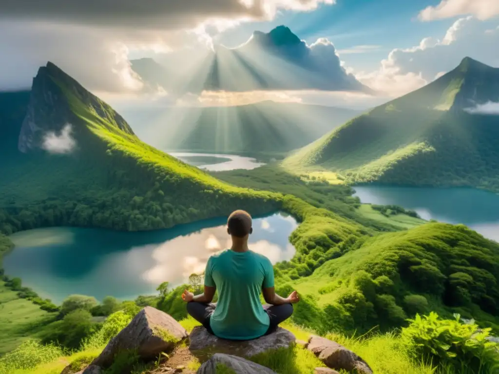 Persona meditando en la cima de una montaña, conectada con la naturaleza y respirando conscientemente