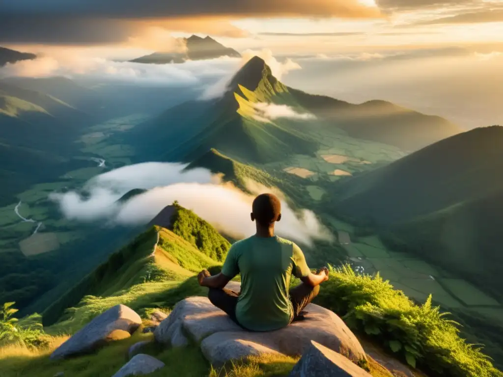 Persona en meditación al amanecer en la cima de la montaña, practicando ejercicios de respiración consciente para felicidad