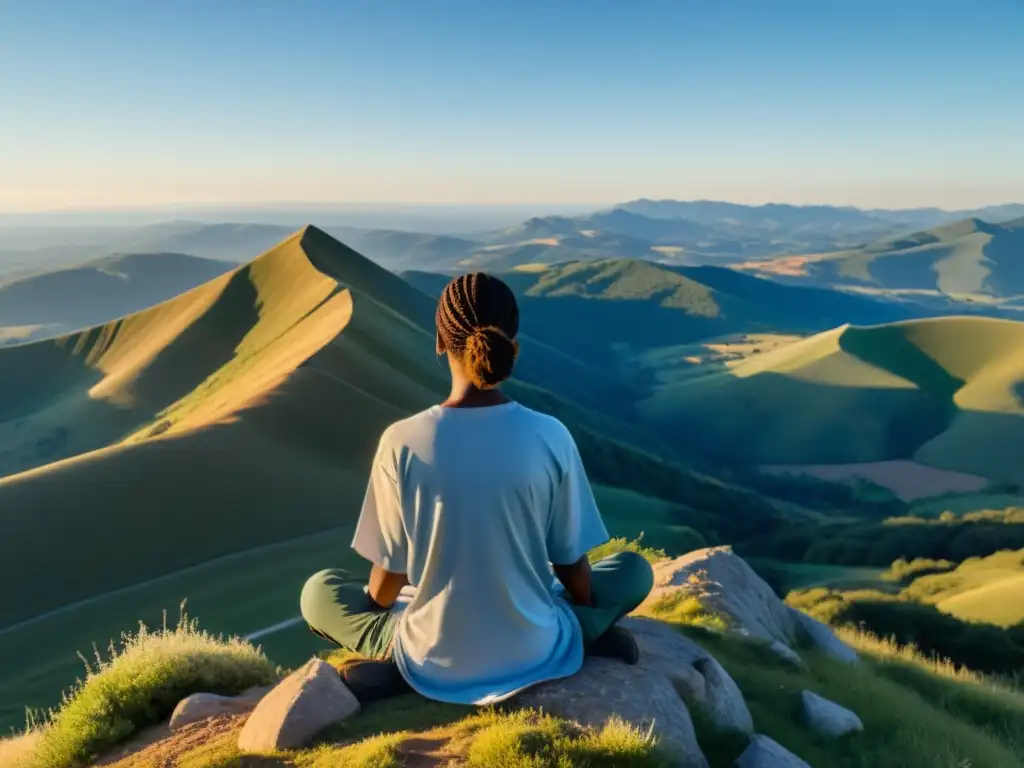 Persona meditando en la cima de una montaña, practicando ejercicios de respiración consciente para felicidad en un paisaje sereno y elevador