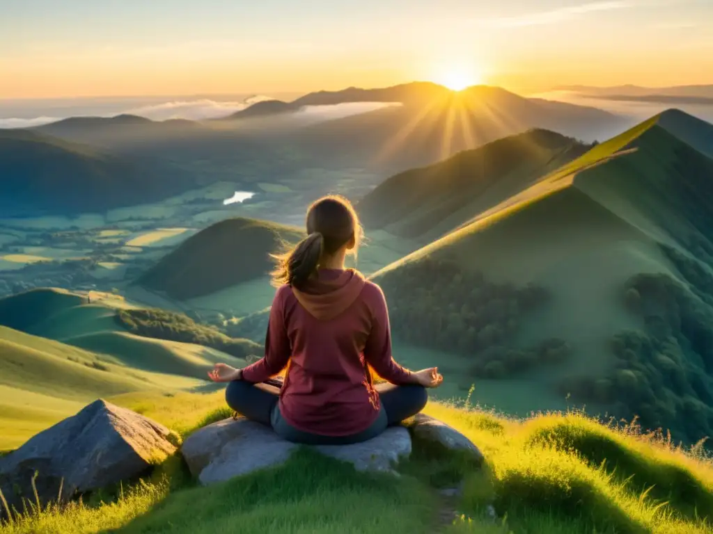 Persona meditando al amanecer en la cima de la montaña, practicando ejercicios respiratorios para energía y paz interior