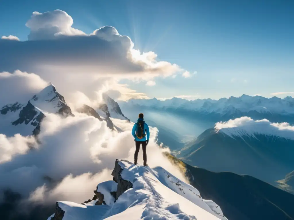 Persona en la cima de la montaña, impactada por la belleza y el impacto de los climas extremos en la función pulmonar