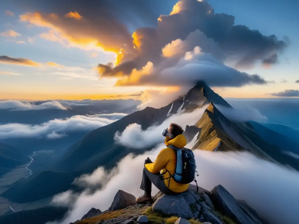 Persona en la cima de una montaña, usando máscara de oxígeno y respirando profundamente