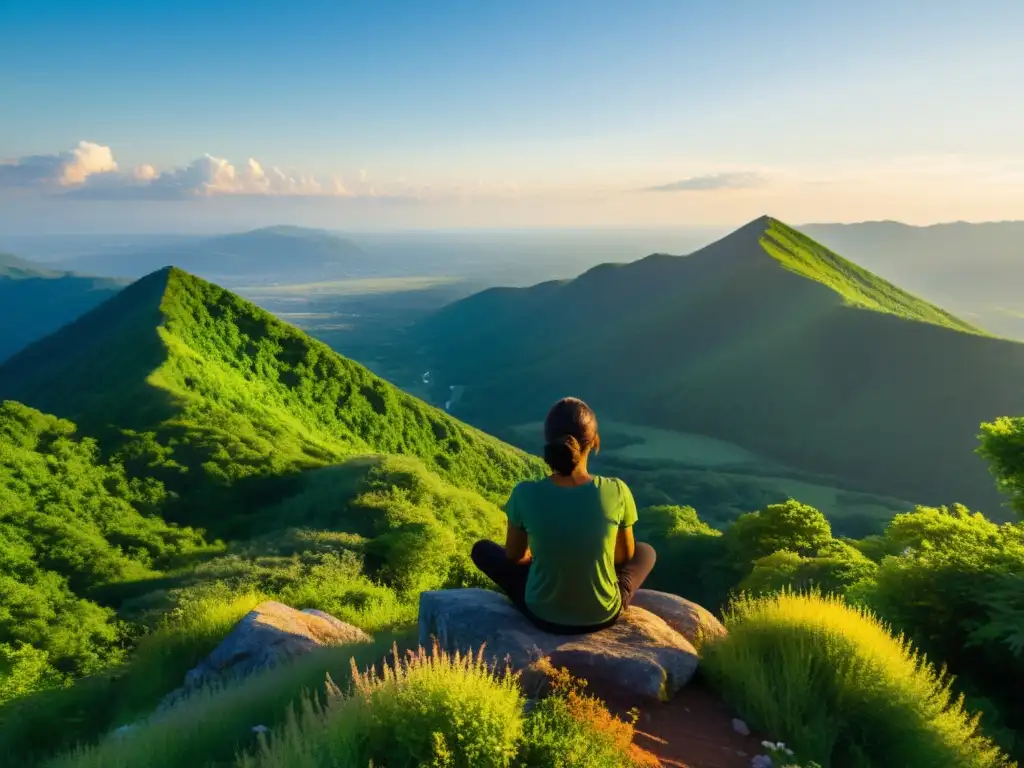 Persona meditando en la cima de una montaña, disfrutando de la naturaleza y practicando la respiración consciente para beneficiar su salud mental