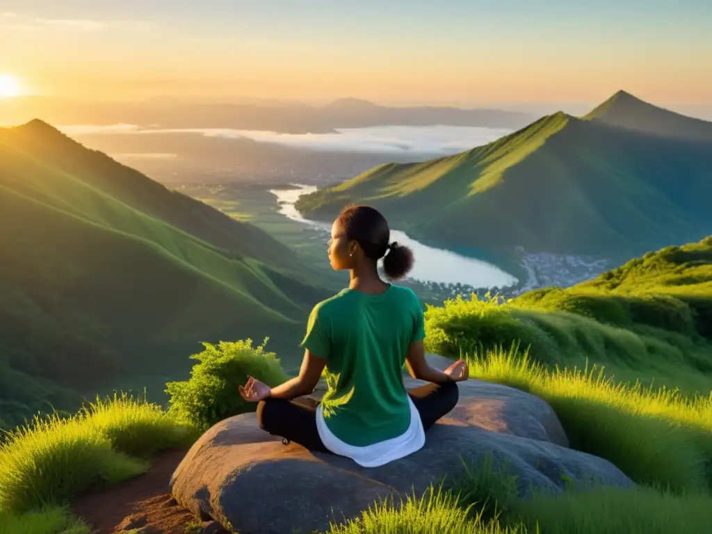 Persona meditando en cima montaña al amanecer, practicando respiración consciente para sanar traumas emocionales