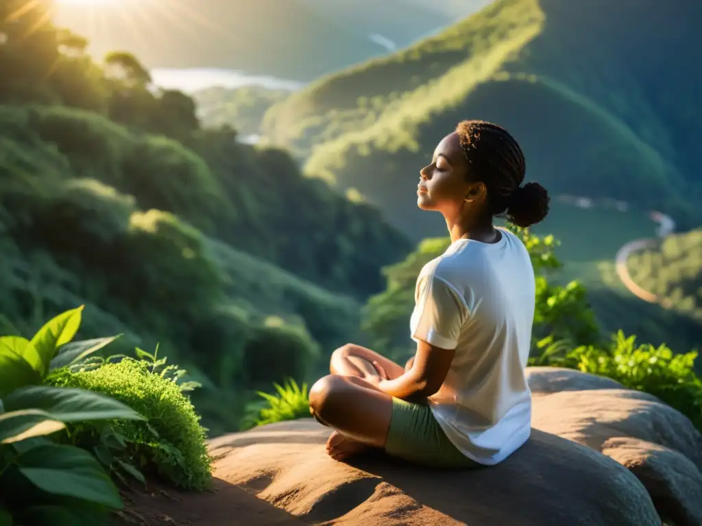 Persona en la cima de la montaña practicando respiración consciente para sanar traumas, rodeada de naturaleza serena