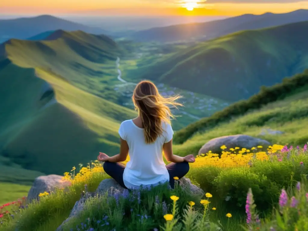 Persona en meditación en la cima de una montaña, rodeada de flores silvestres, practicando equilibrio energético a través de la respiración