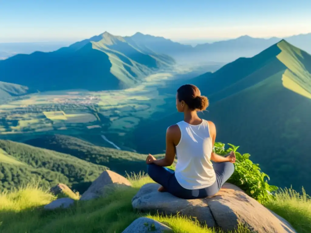 Persona meditando en la cima de una montaña, rodeada de naturaleza serena