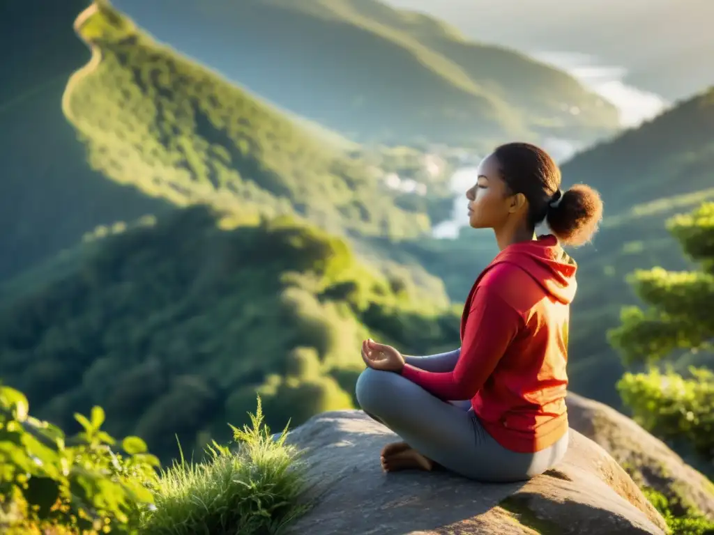 Persona meditando en la cima de una montaña serena rodeada de vegetación exuberante, transmitiendo paz y tranquilidad