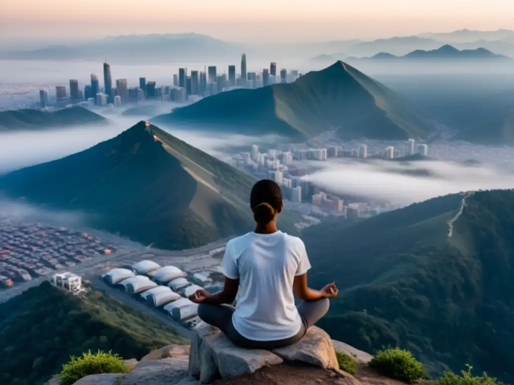 Persona meditando en la cima de la montaña, practicando técnicas de respiración consciente para contrarrestar el smog de la ciudad abajo