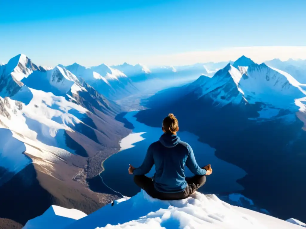 Persona practicando respiración Wim Hof en cima nevada, reflejando fuerza interior y serenidad