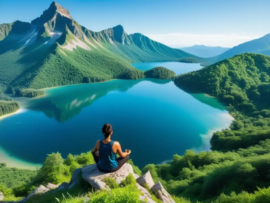 Persona meditando en la cima de la montaña, rodeada de exuberante naturaleza y un lago tranquilo