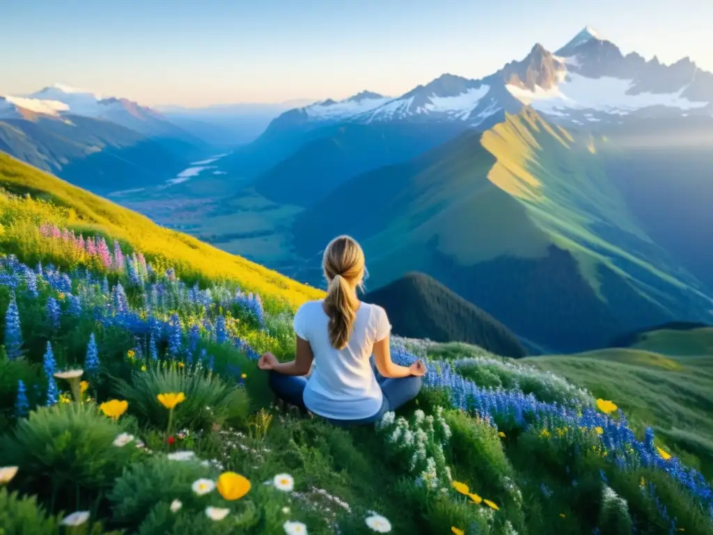 Persona en cima montaña respirando conscientemente, rodeada de flores silvestres